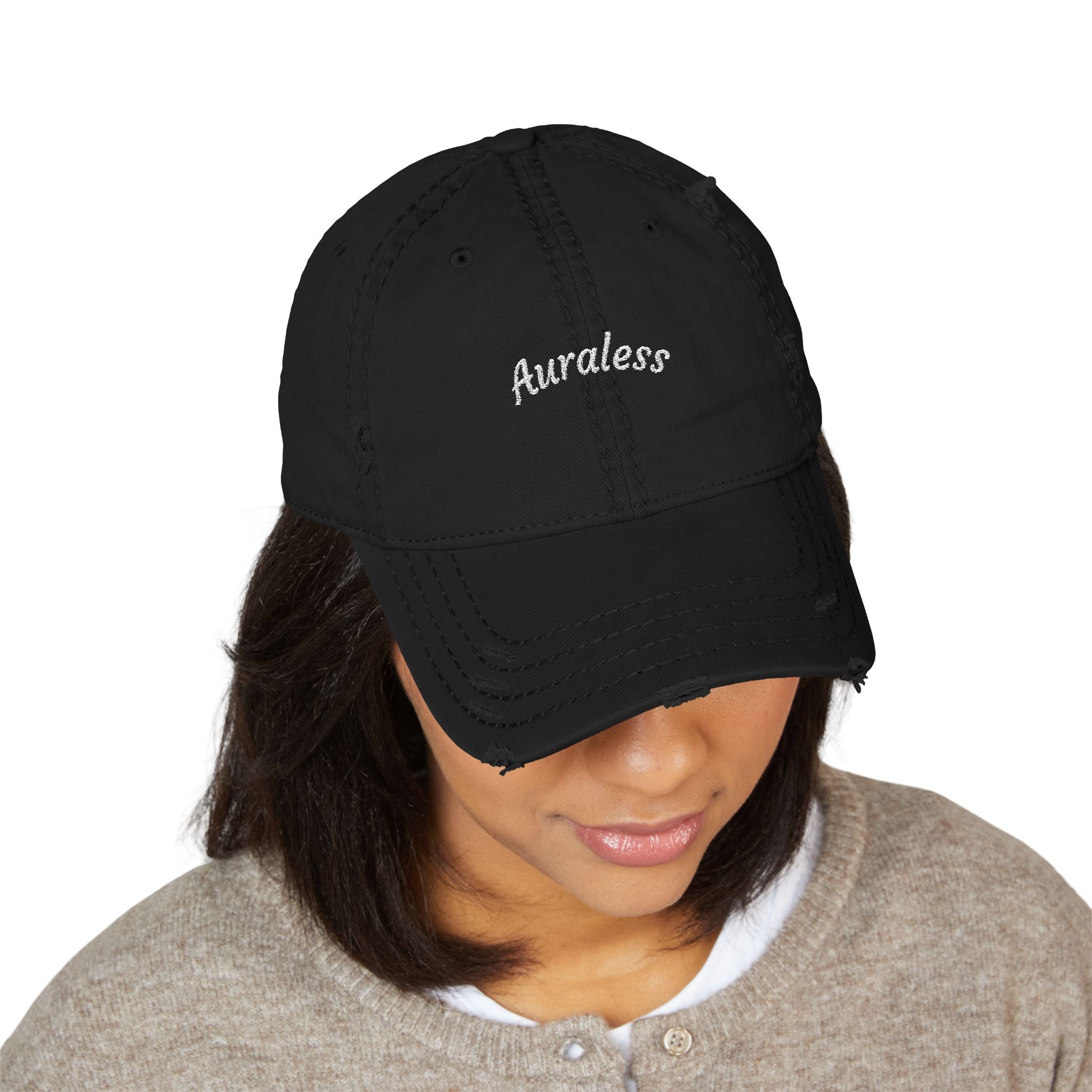 Distressed Embroidered 'Auraless' Dad Hat – Vintage Washed Baseball Cap