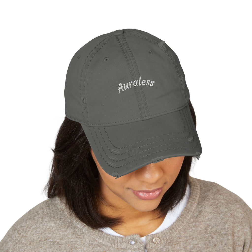 Distressed Embroidered 'Auraless' Dad Hat – Vintage Washed Baseball Cap