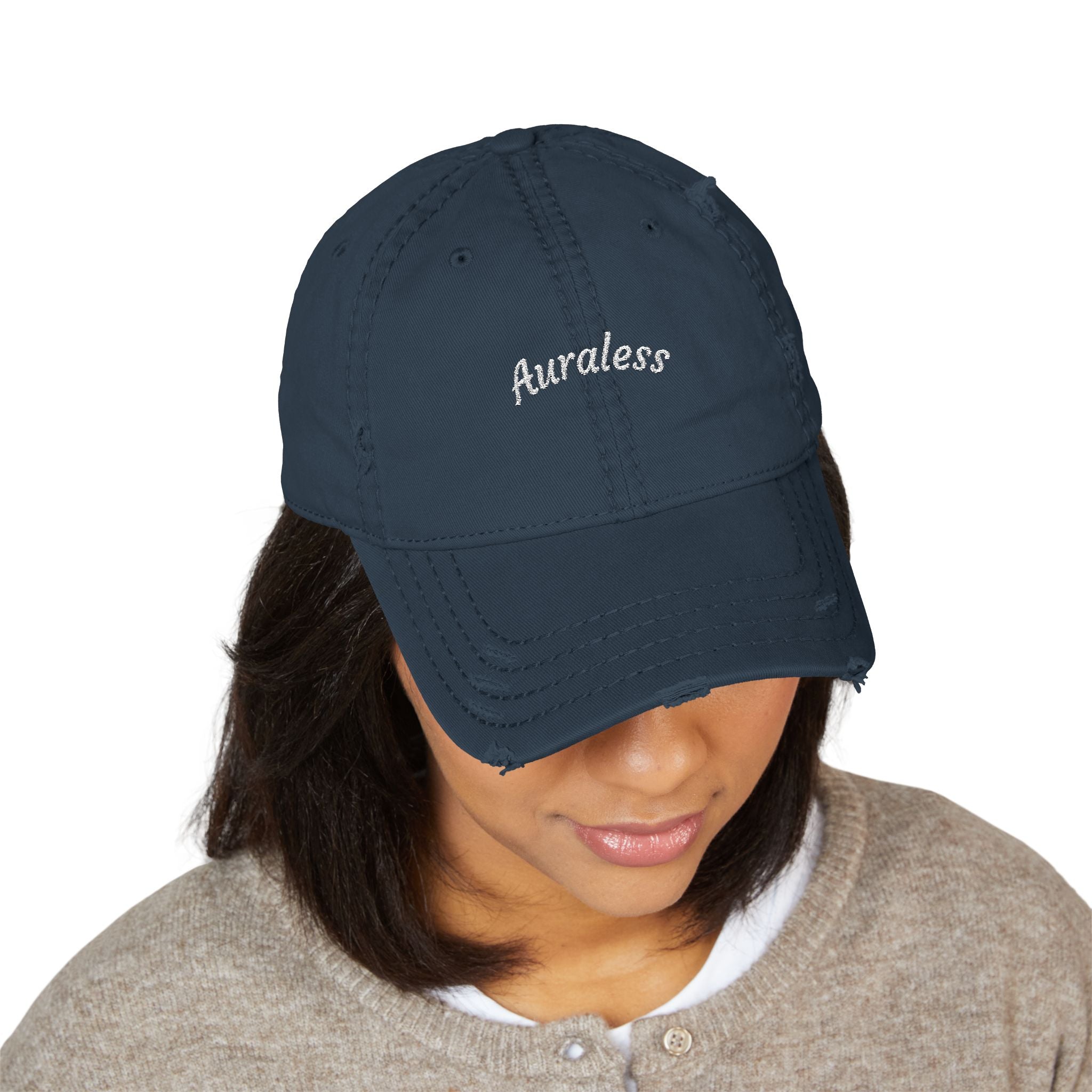 Distressed Embroidered 'Auraless' Dad Hat – Vintage Washed Baseball Cap